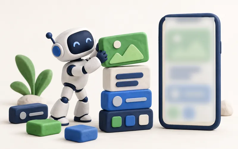 Small robot assembling app building blocks into a finished product
