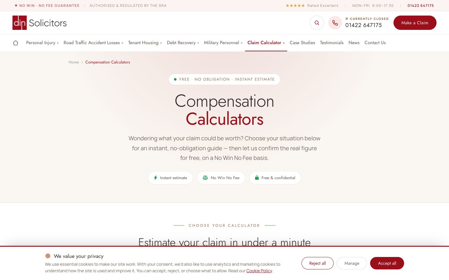 Din Solicitors interactive claim calculator section
