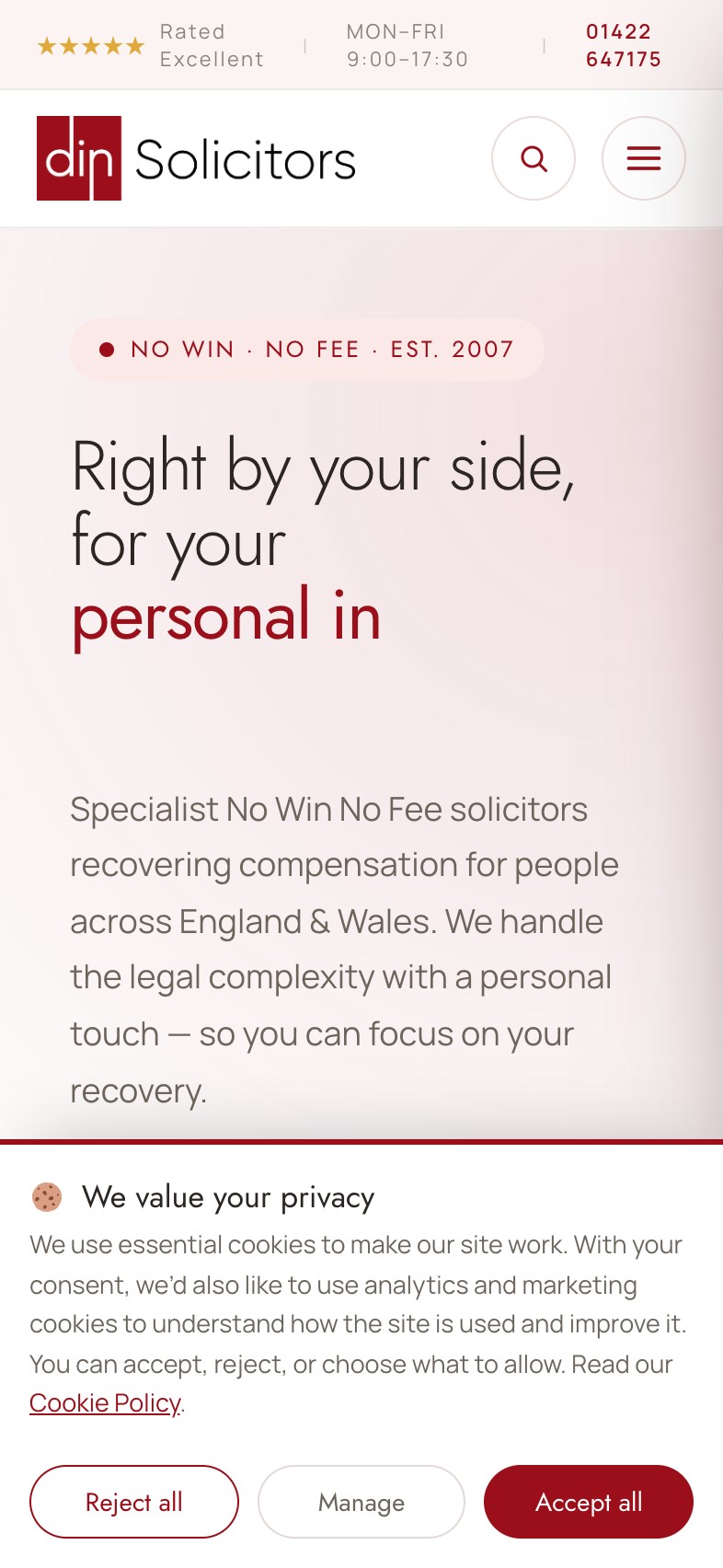 Din Solicitors mobile screen - Hero and instant claim intake