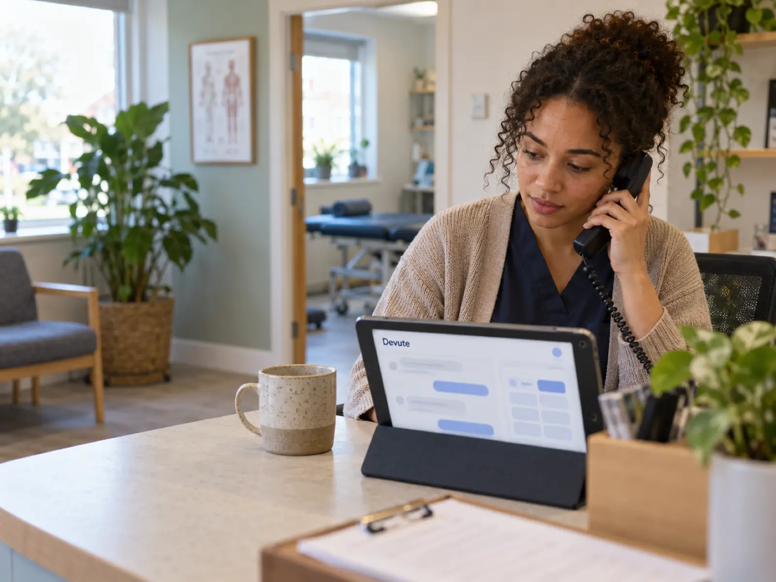 Clinic receptionist on the phone while an AI chat assistant handles bookings on a tablet