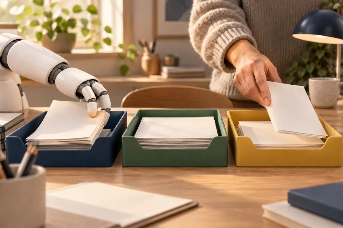 Robot hand and human hand sorting documents into trays together