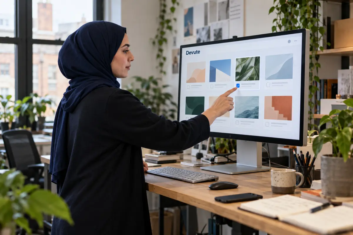 Marketing manager approving AI-drafted campaign content on a large monitor