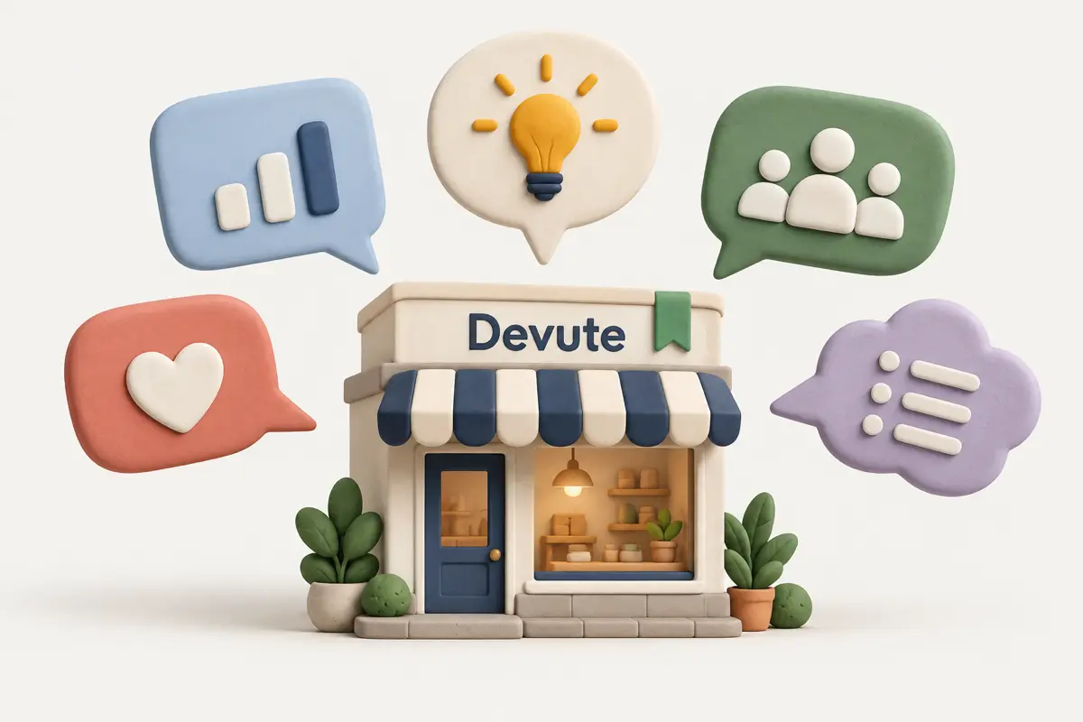 Illustration of different AI chat bubbles all pointing to one small shop