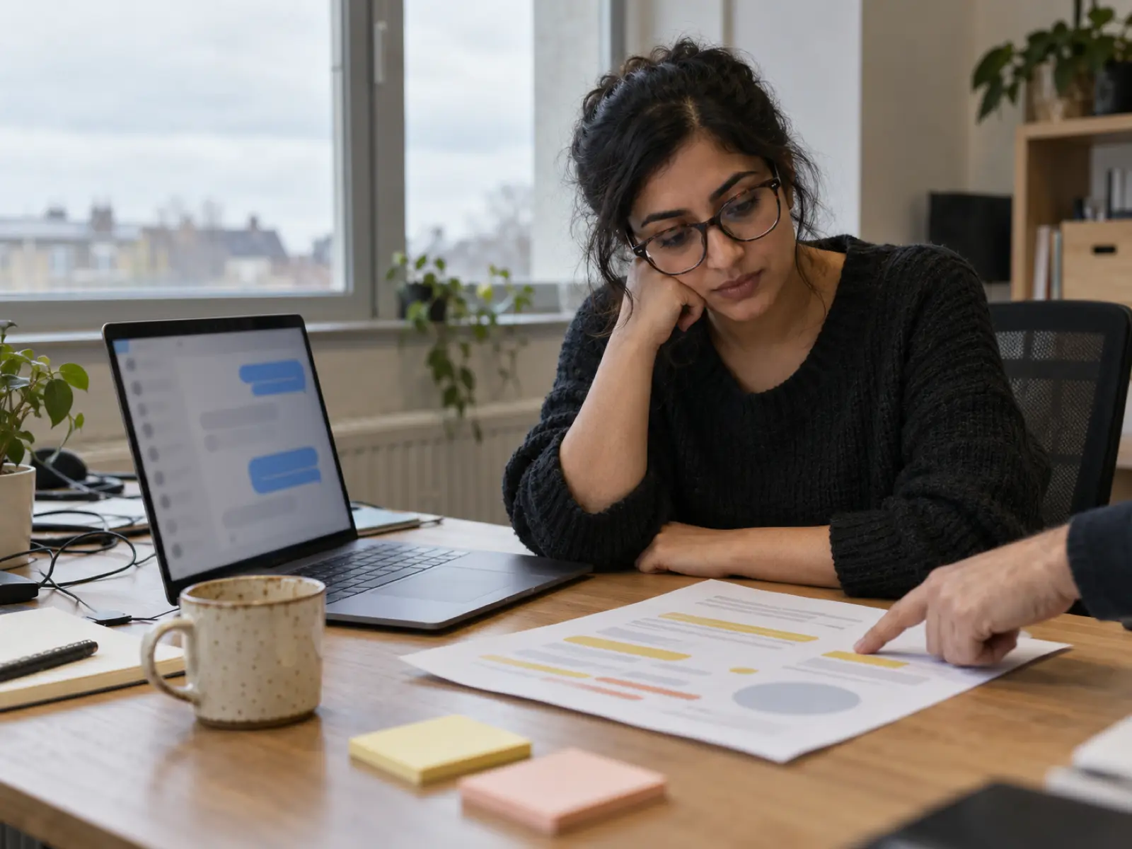 Marketing manager comparing which businesses AI assistants recommend, using a laptop and a printed report