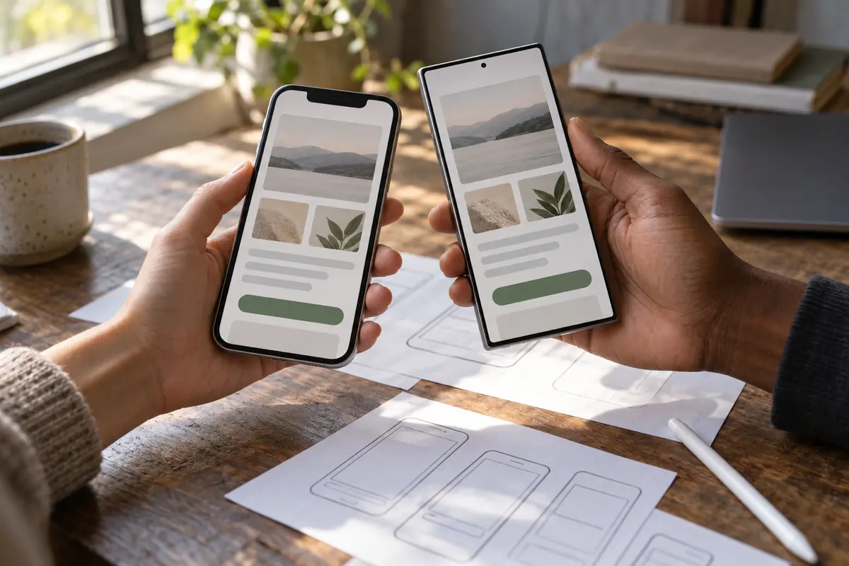 Hands holding two phones showing the same app on iPhone and Android