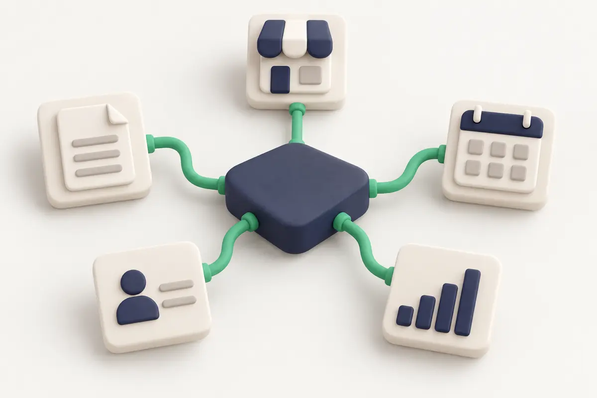 Diagram of business systems connected by APIs into one bespoke platform