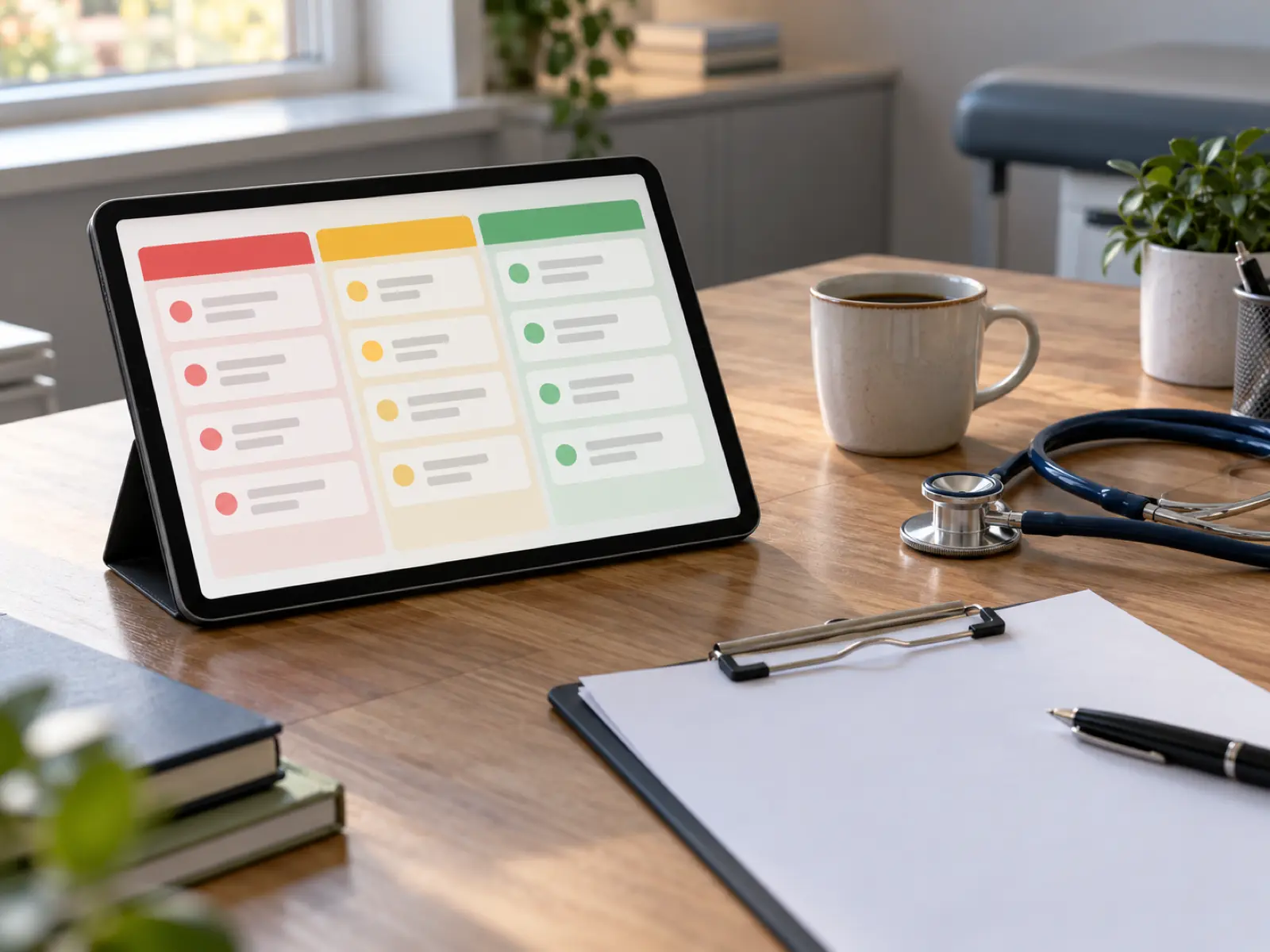Tablet sorting patient enquiries into priority lanes beside a stethoscope