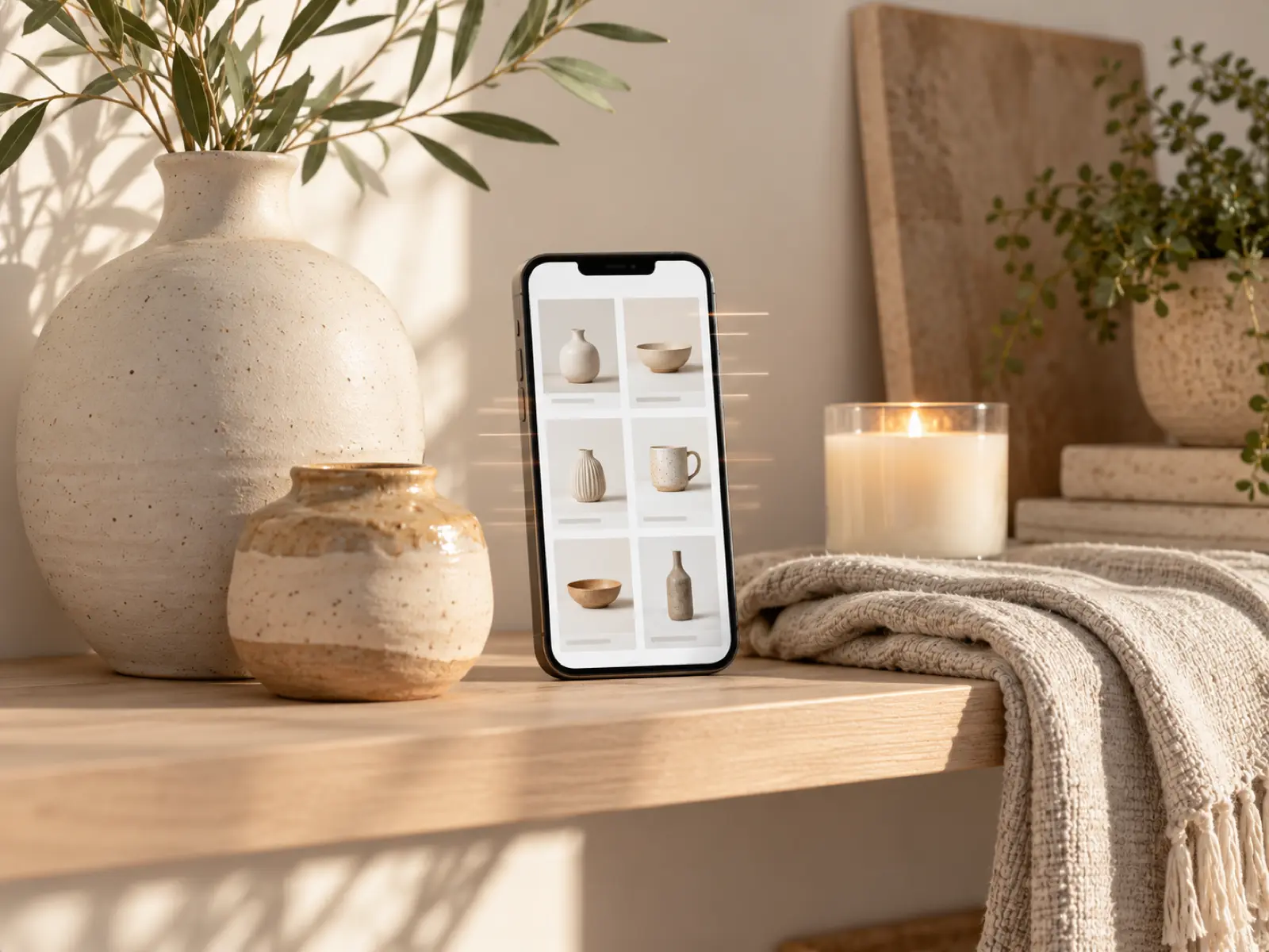 Homeware products on a shelf next to a phone showing a fast online store