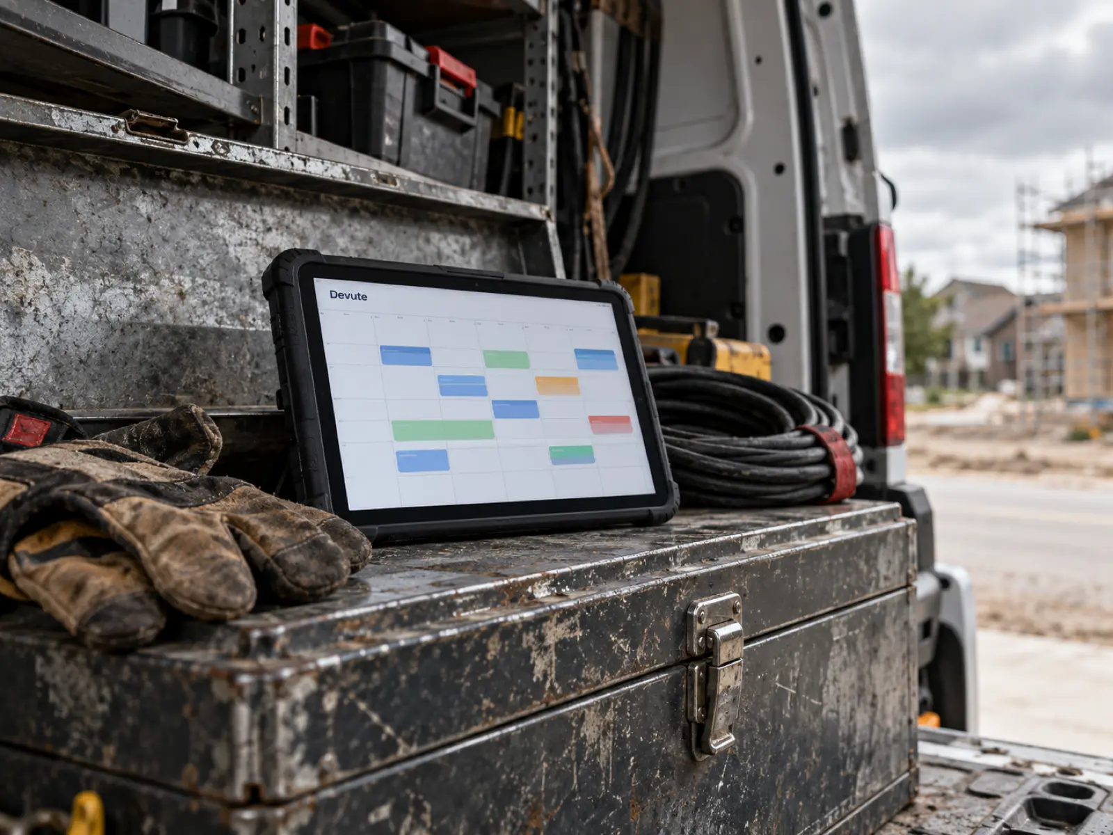 Technician's tablet showing the day's job schedule on top of a toolbox