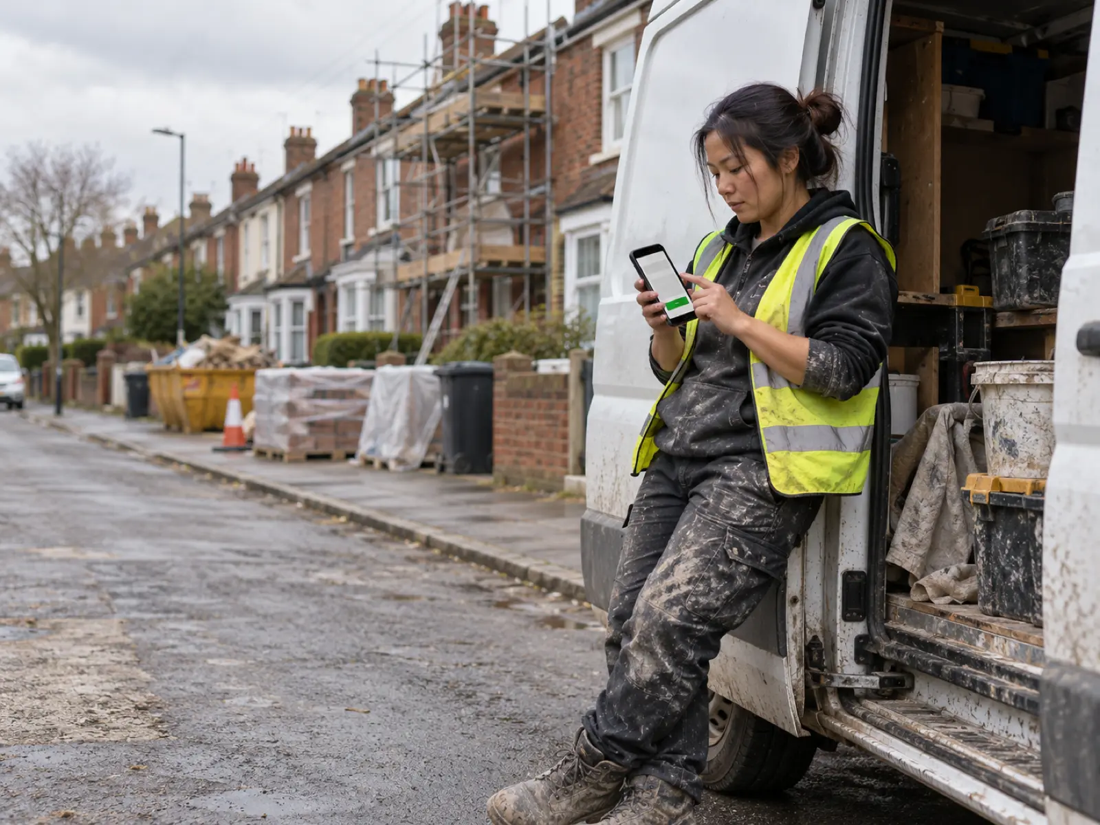 Builder checking new job enquiries on her phone beside a work van on a UK street