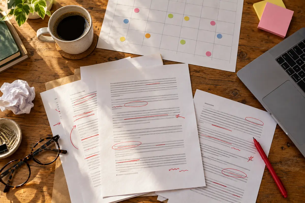 Editorial calendar and printed article drafts with edits on a desk