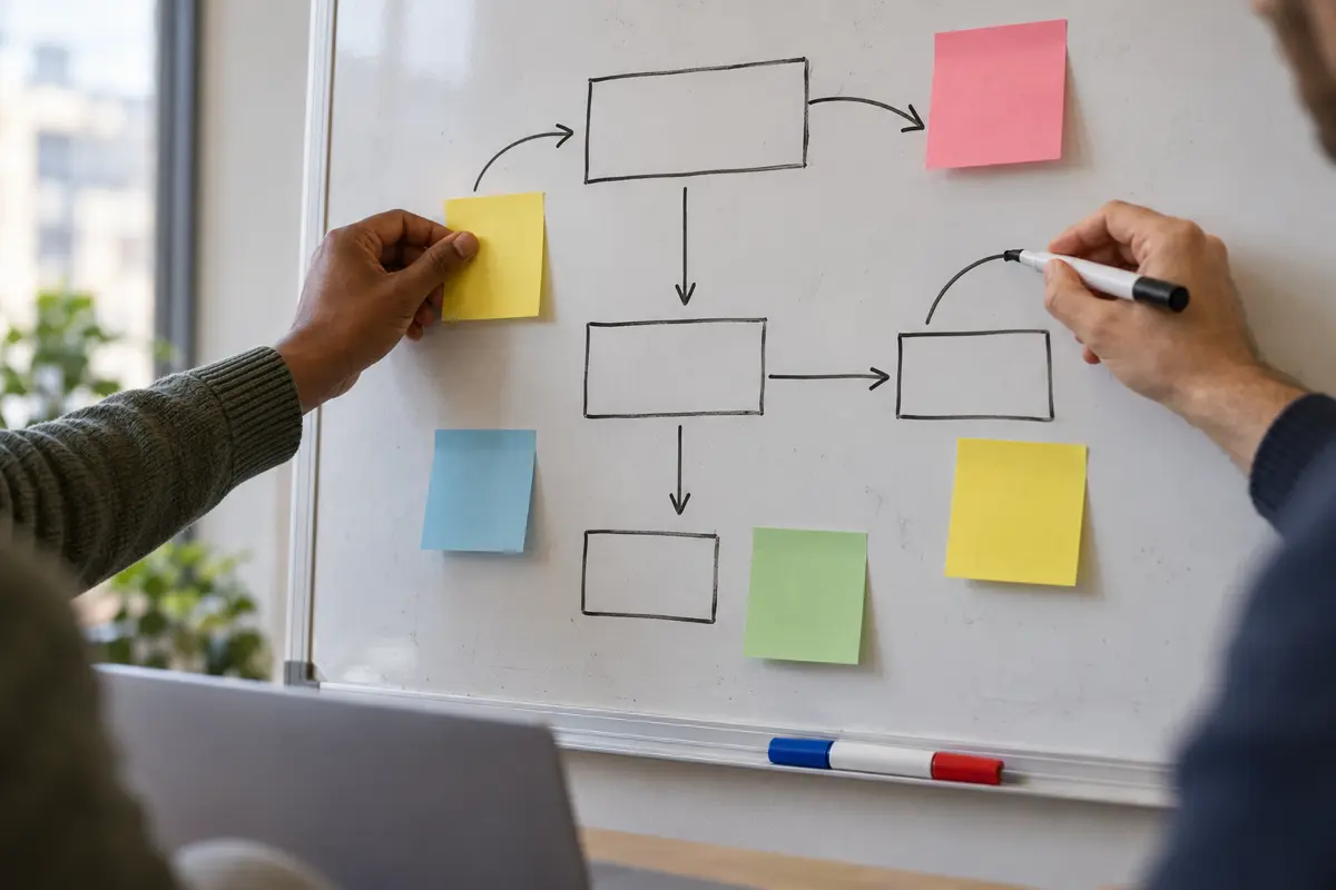 Hands mapping a business process on a whiteboard before building custom software
