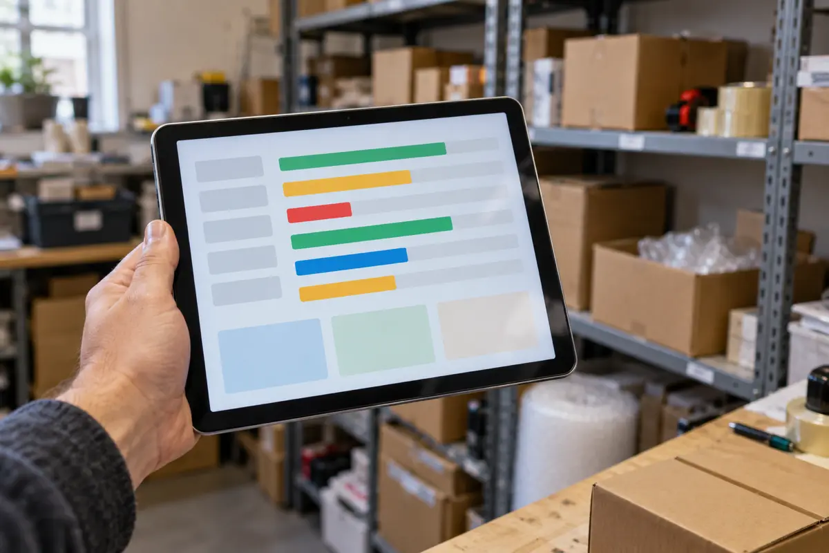 Tablet showing stock levels in front of shelves of boxed products