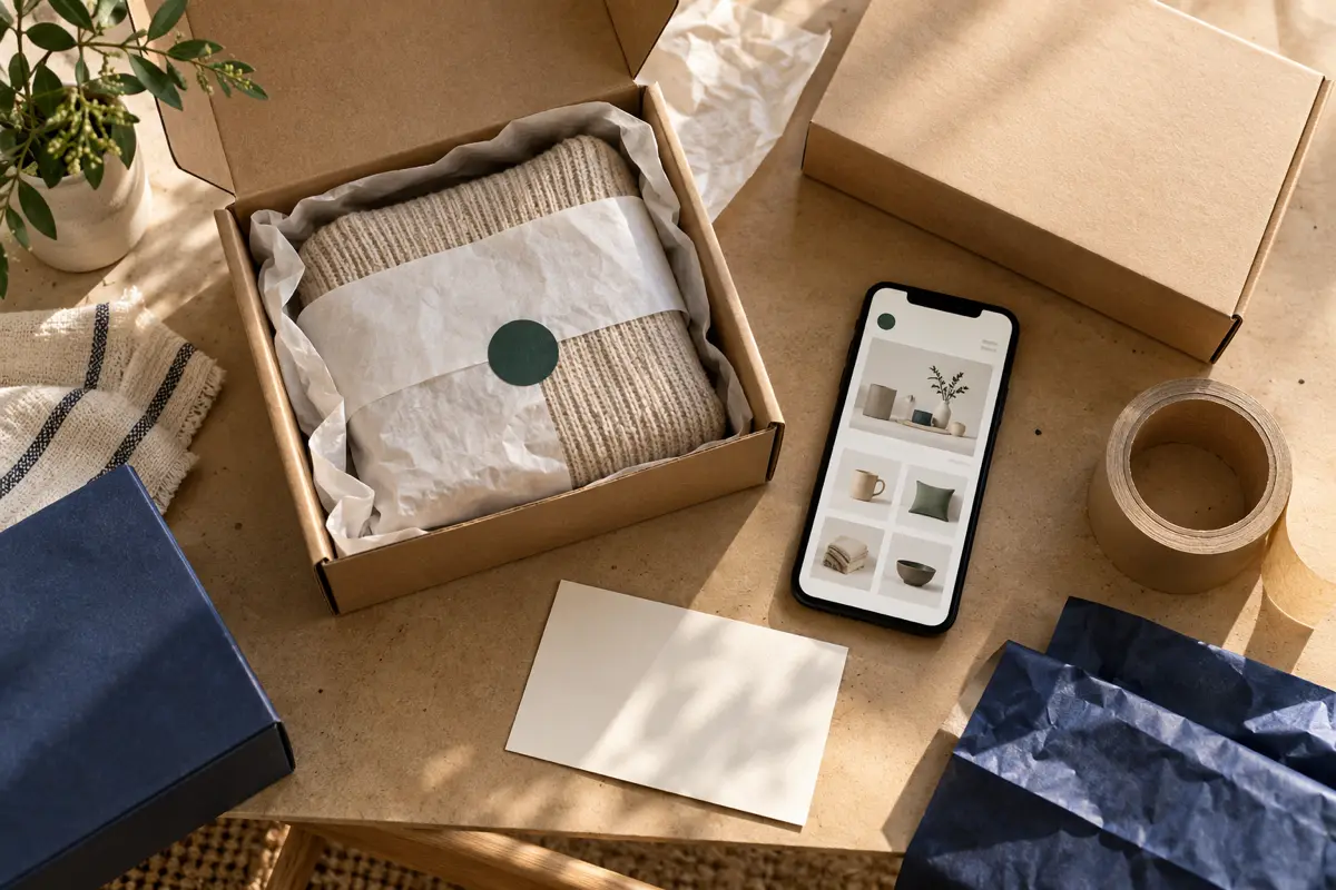 Product packaging and a phone showing an online store