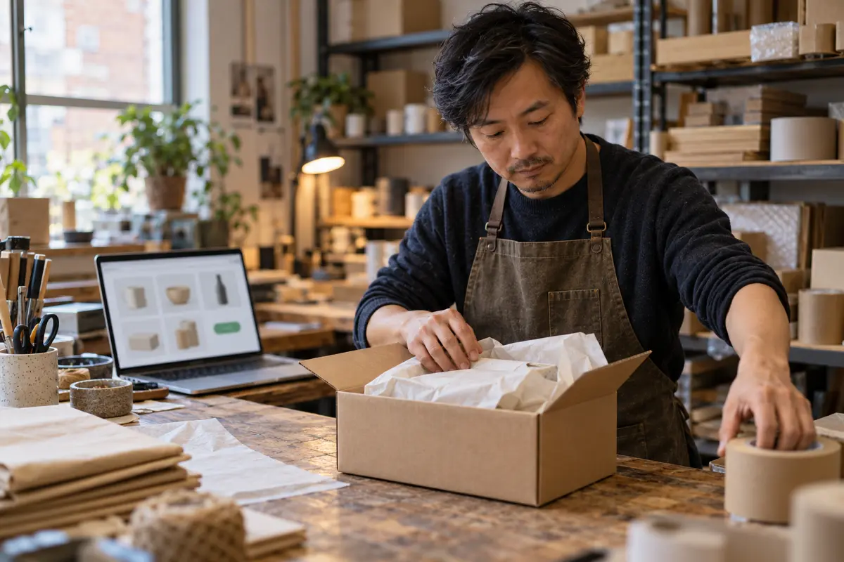 Small online shop owner packing orders next to a laptop showing the store