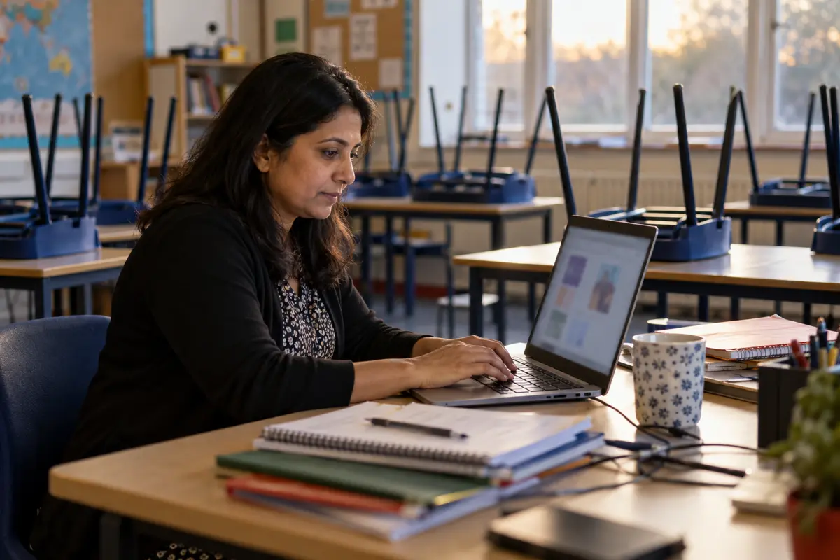 Teacher updating the school website after class