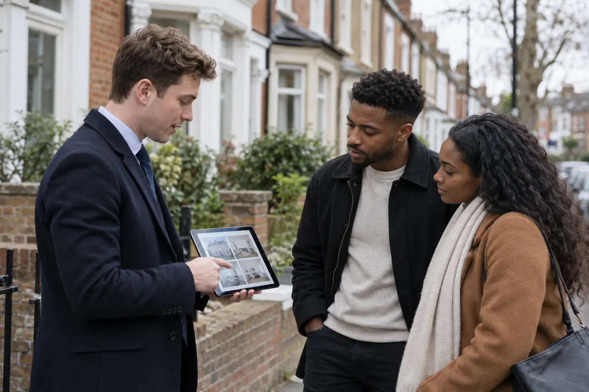 Estate agent showing a property listing to a couple outside a terraced house