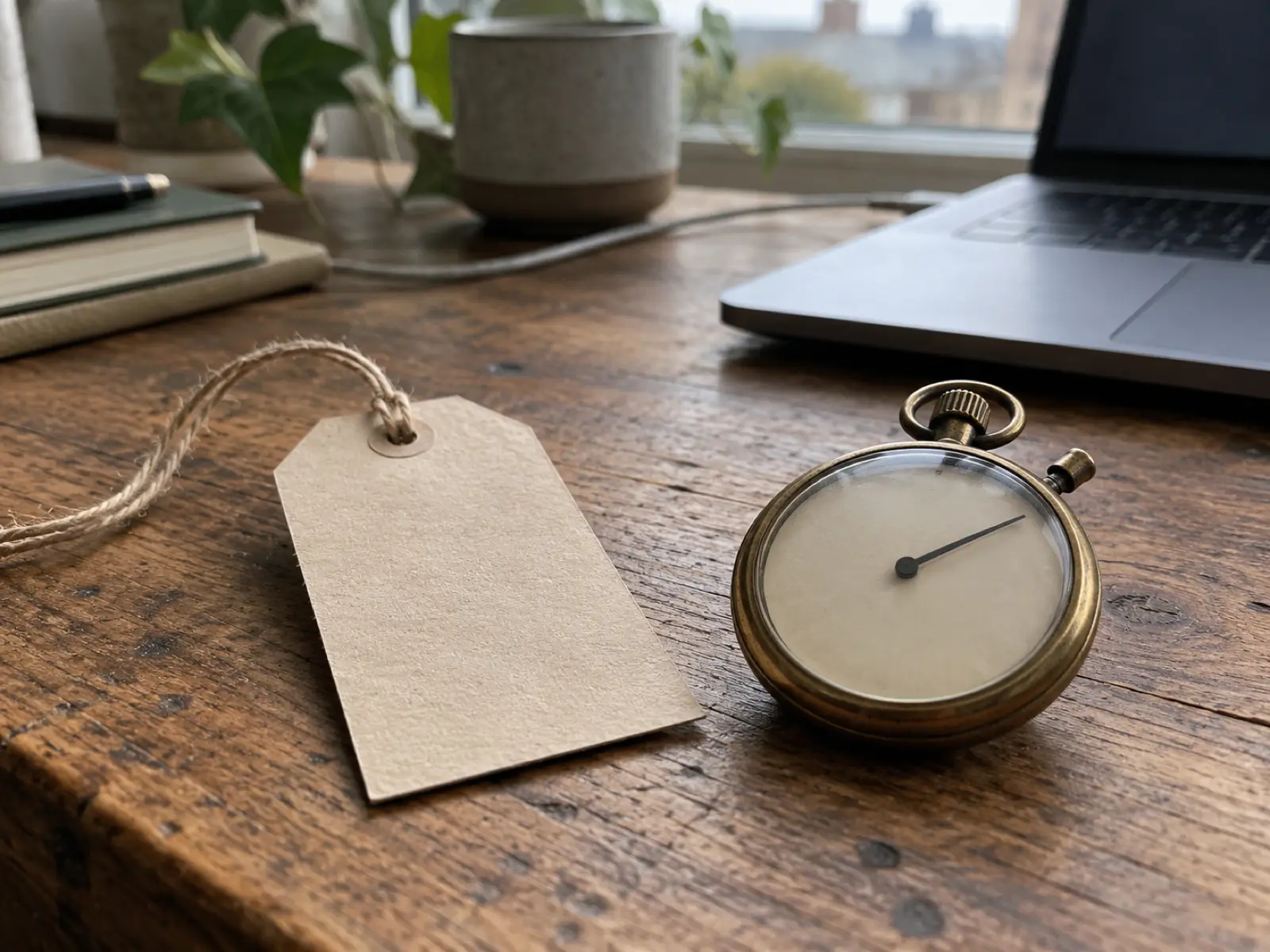A price tag and a stopwatch on a desk, comparing ways to pay for software