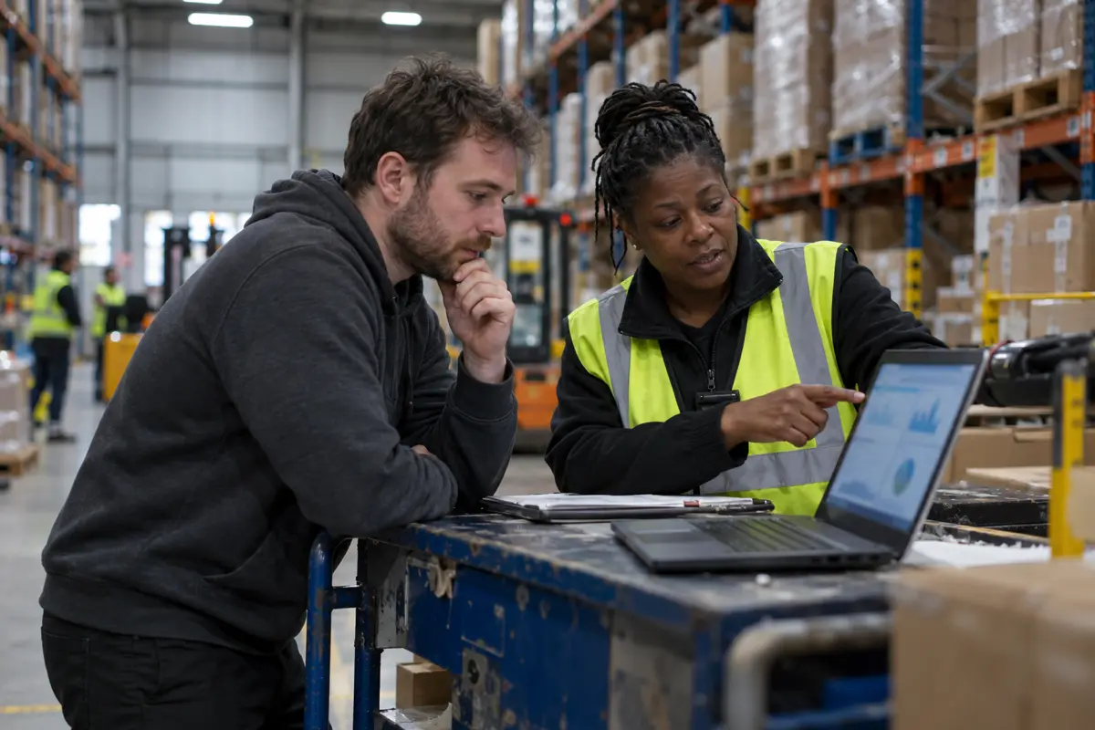 Engineer working alongside warehouse staff on a laptop on the warehouse floor