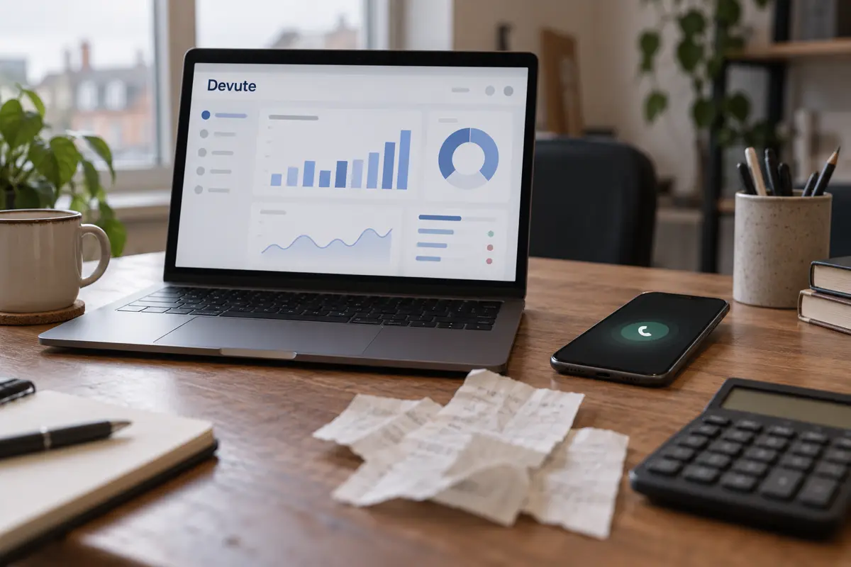 Laptop showing an ads performance dashboard next to a ringing phone