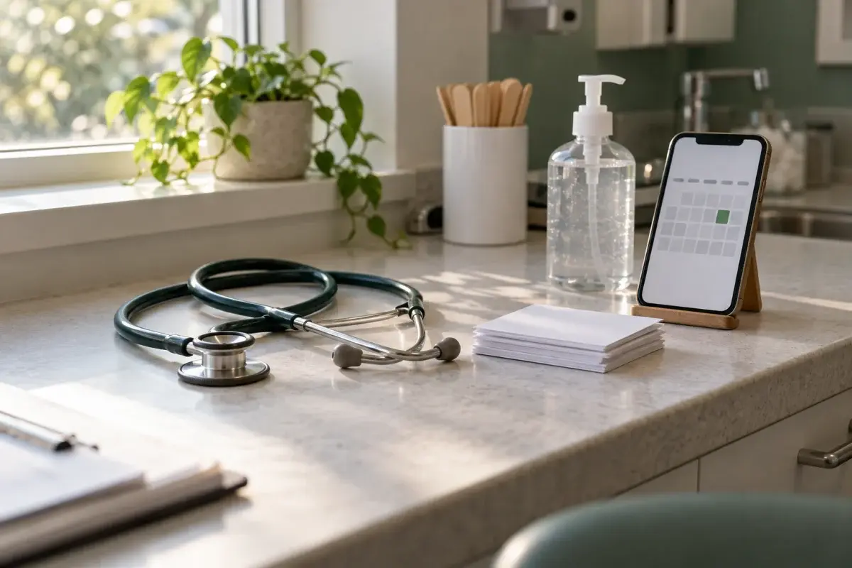A stethoscope, blank appointment cards and a phone showing an online booking calendar