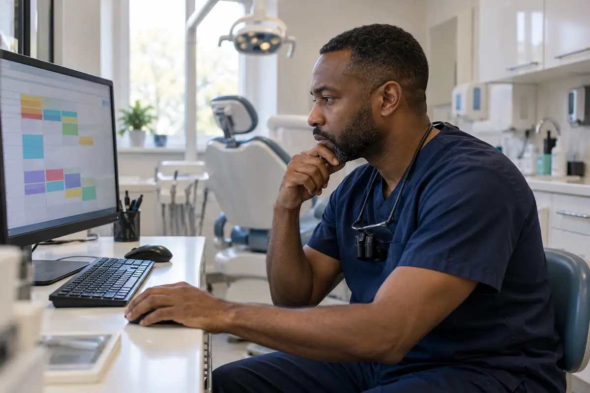 Dentist checking online bookings on a screen between patients