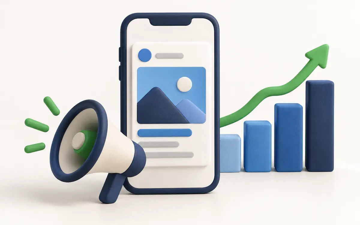 Phone with an ad, a megaphone and a rising chart, illustrating digital marketing