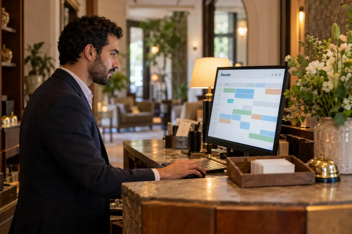 Hotel receptionist checking online bookings at the front desk