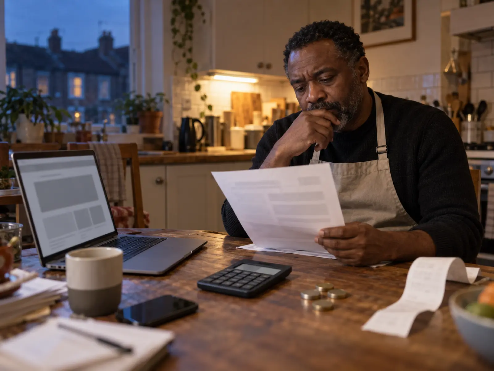 Small business owner reviewing a website quote at home with a calculator and laptop