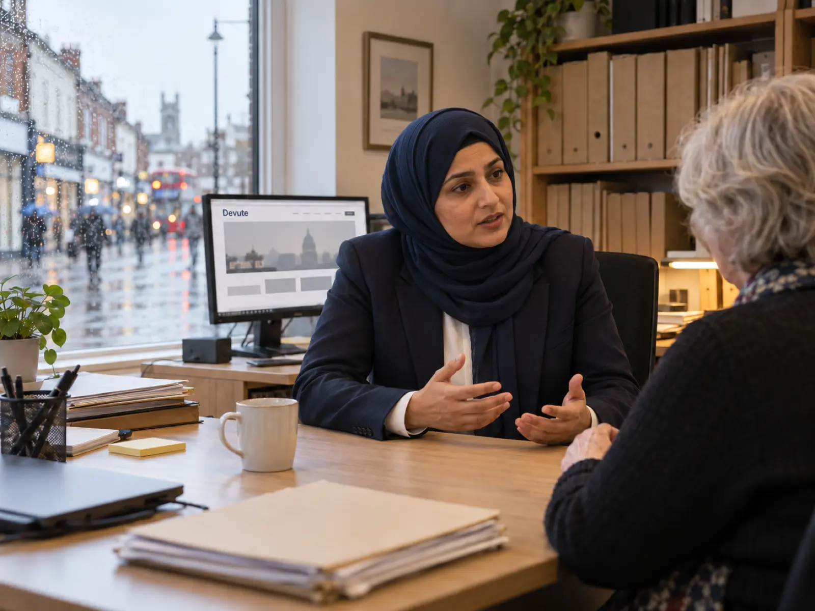 Solicitor advising a client in a high-street law office, with the firm's website on screen