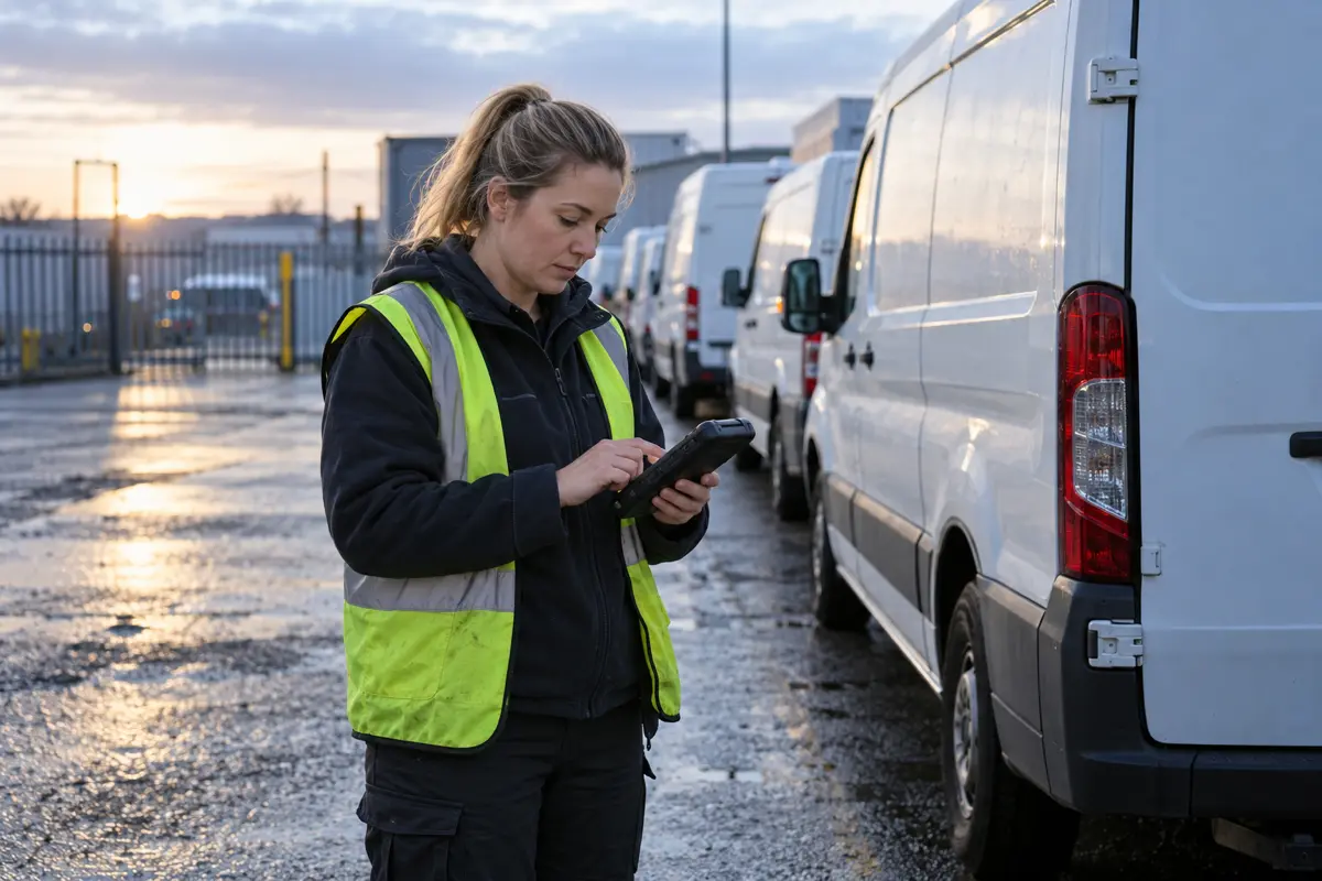 Delivery driver checking a handheld scanner in a van yard at dawn