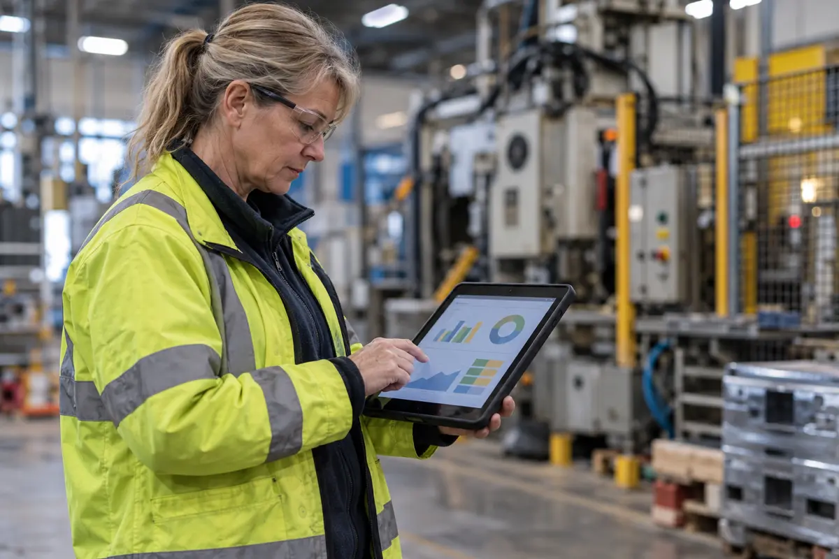 Engineer reading a production dashboard on a tablet on the factory floor
