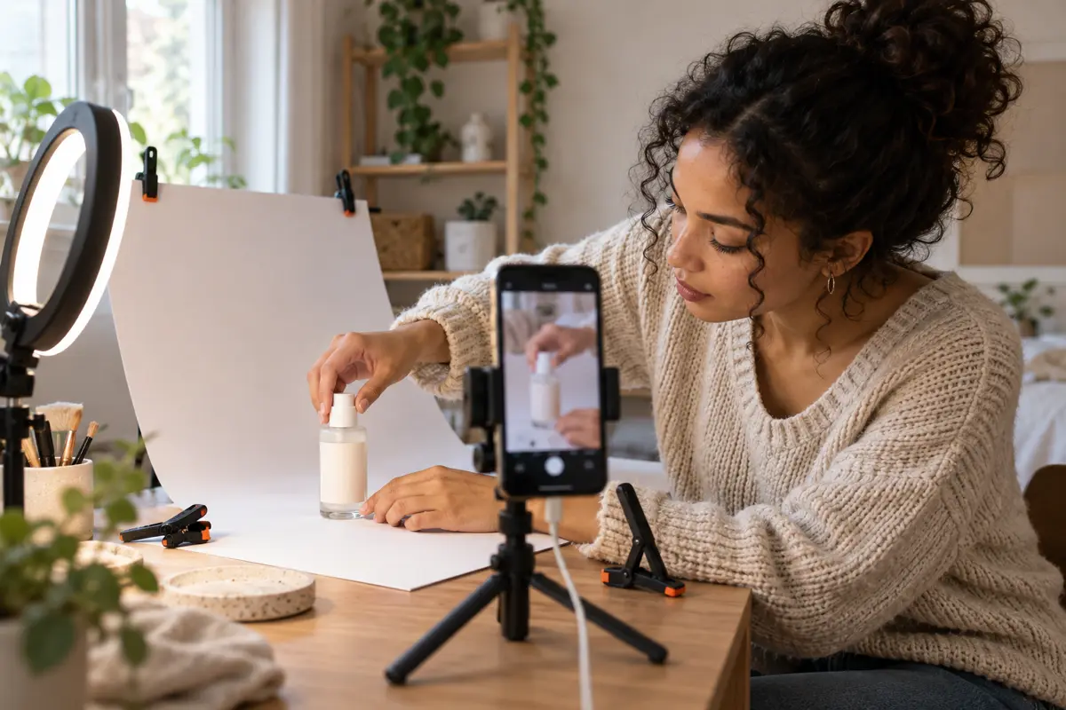 Creator filming a product video on a phone for social ads