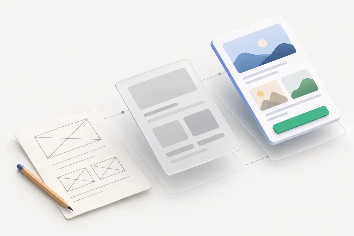 Illustration of an idea becoming a product in layers: sketch, prototype, product