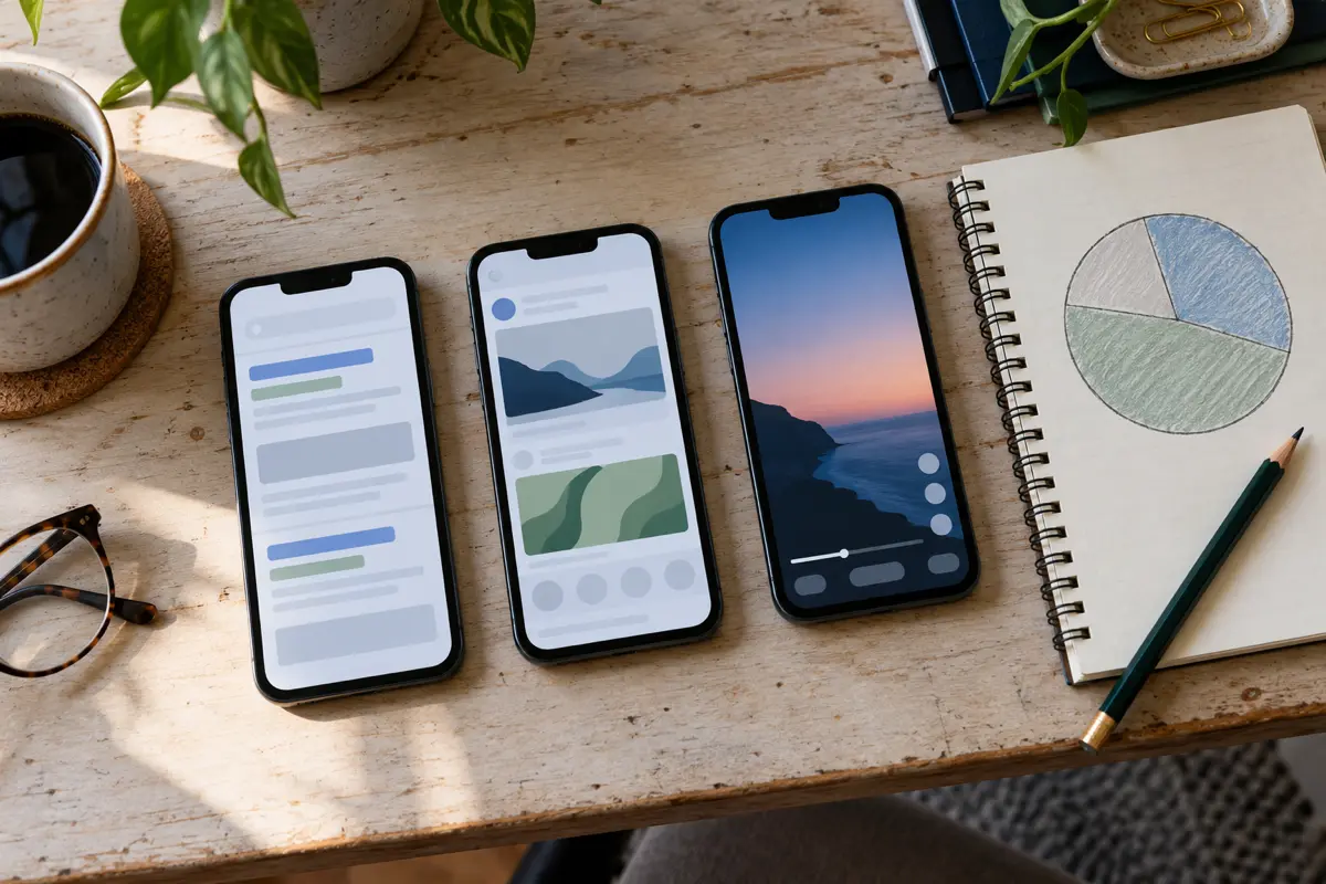 Three phones showing search, social and video ad formats