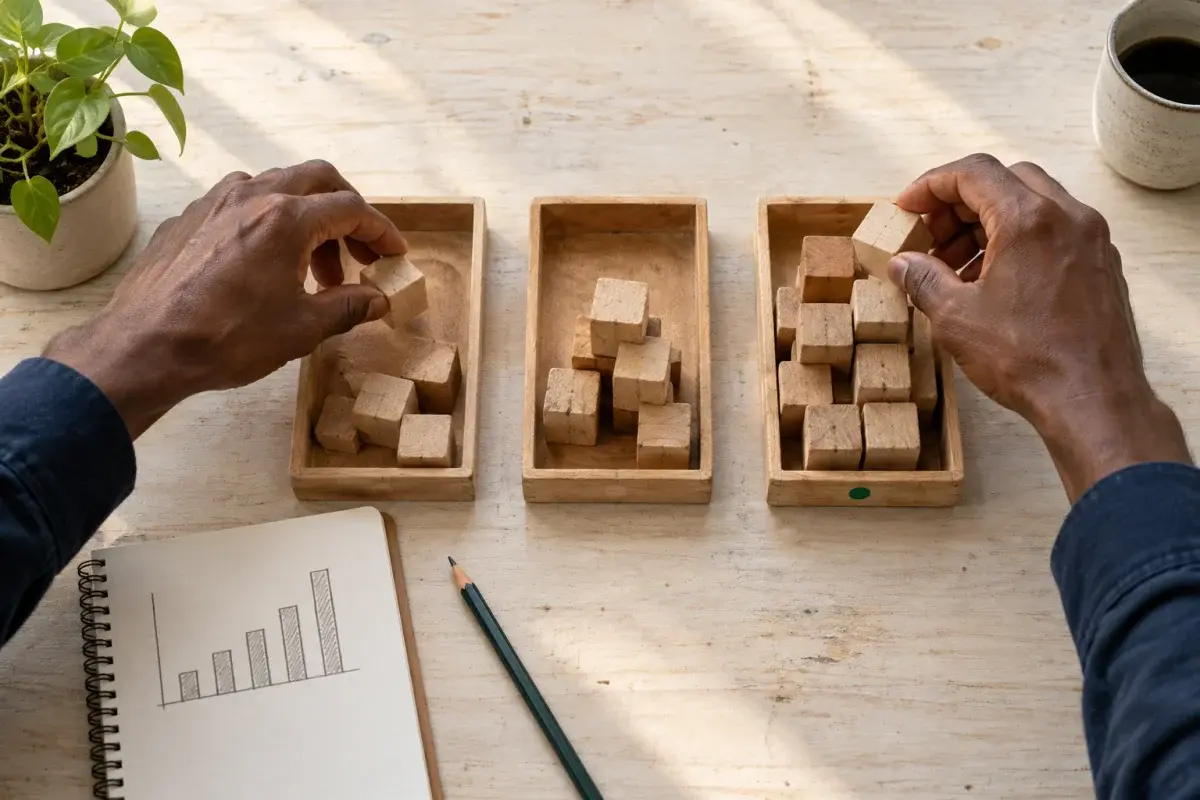 Hands moving wooden blocks between three trays of different heights to rebalance an ad budget