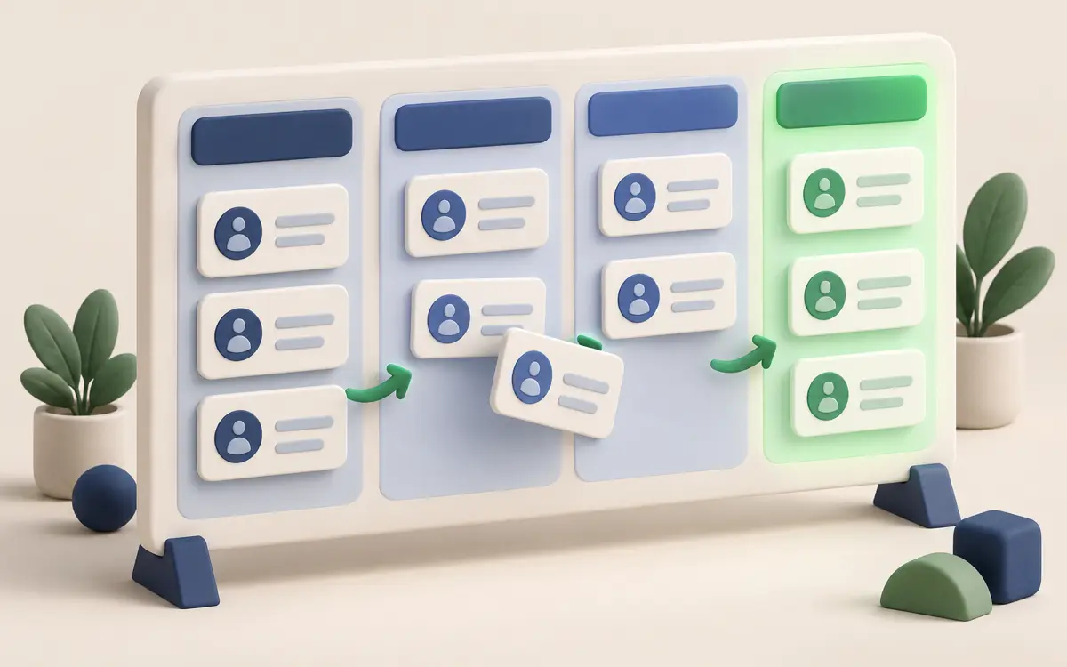 Contact cards moving through the columns of a sales pipeline