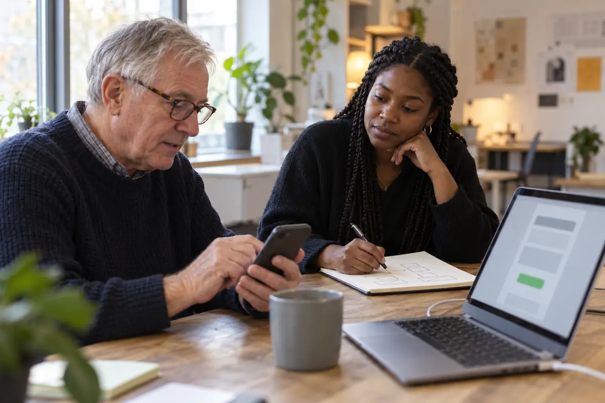 Designer watching a user test an app prototype on a phone