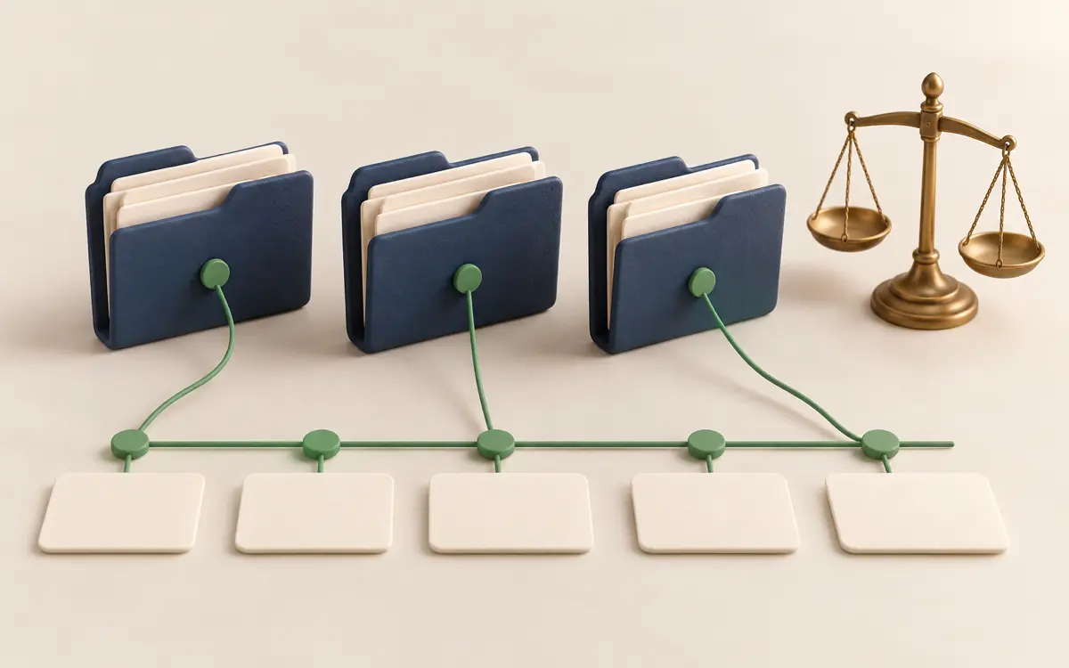 Case folders connected to a timeline and a balance, illustrating a legal CRM