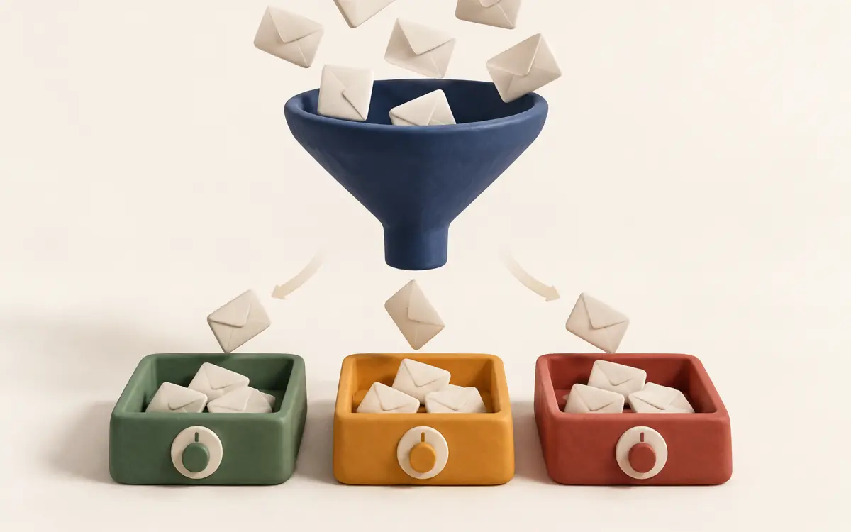Enquiry cards dropping through a funnel into green, amber and red trays