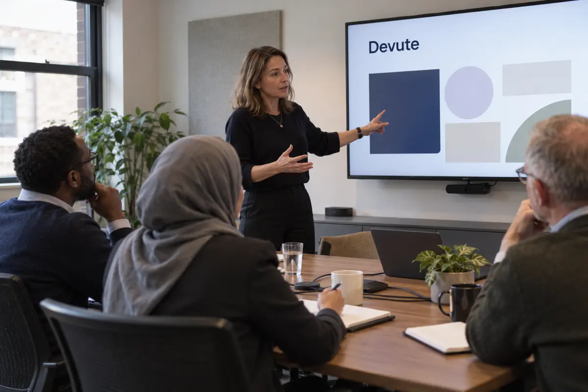 Consultant presenting a client portal to a small team