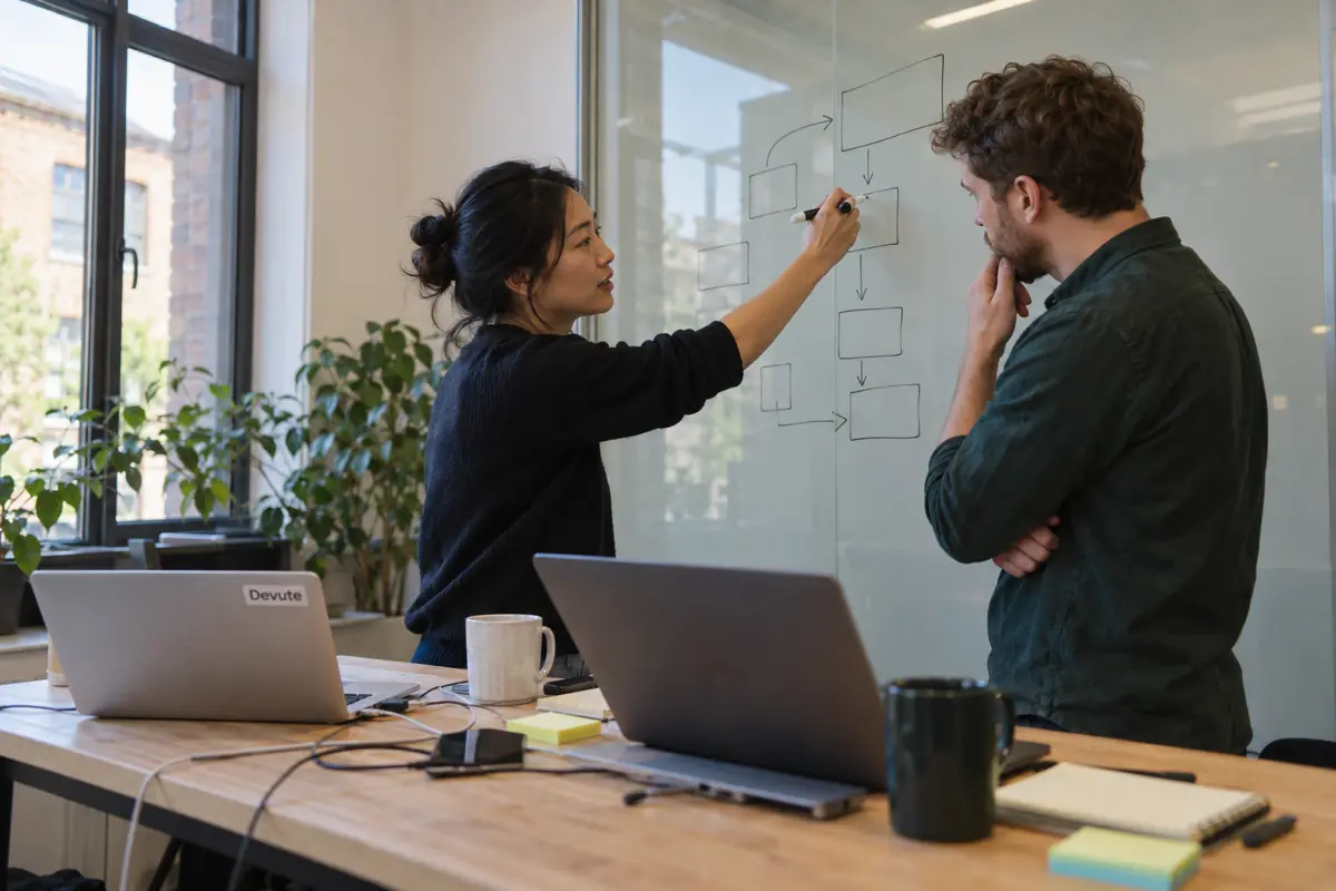 Two SaaS founders sketching a product plan on a whiteboard