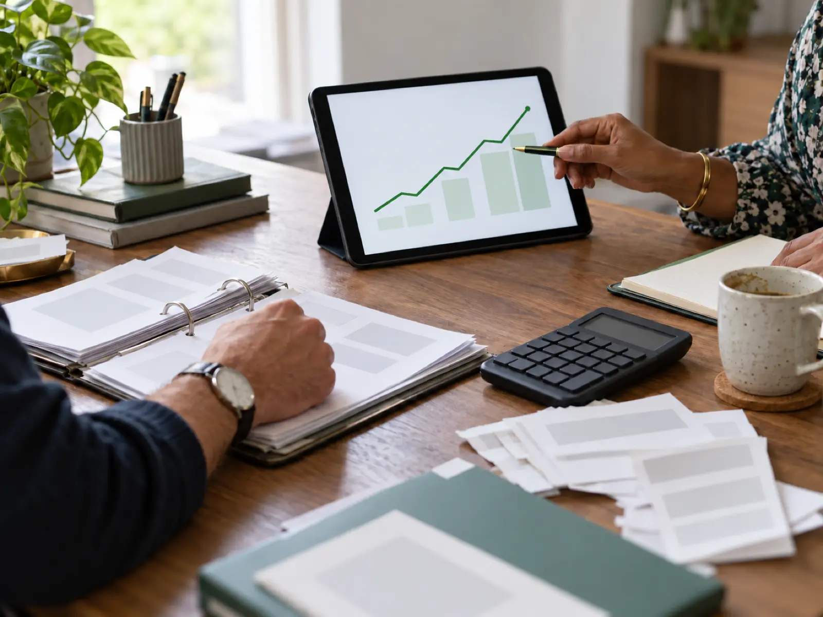Accountant and small business client reviewing a rising website traffic chart on a tablet