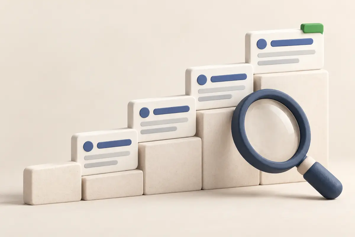 Illustration of a magnifying glass over a rising staircase of search results