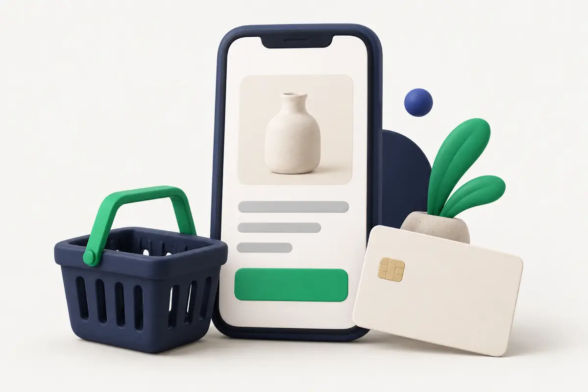 Illustration of a fast mobile checkout with a basket and card