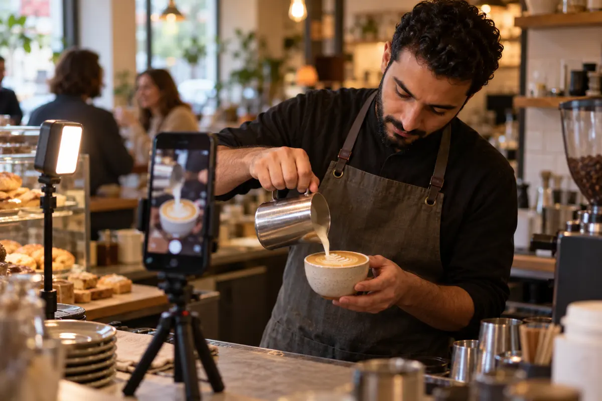 Phone on a tripod filming a barista for a short vertical video ad