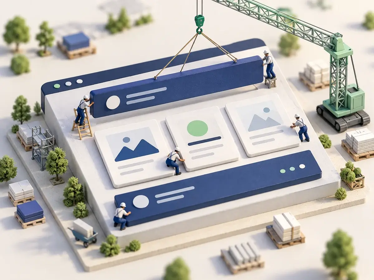 Isometric miniature of a website being assembled