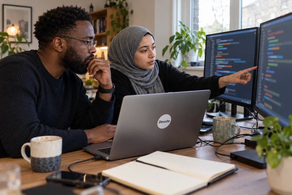 Two developers reviewing a website build together at a shared desk