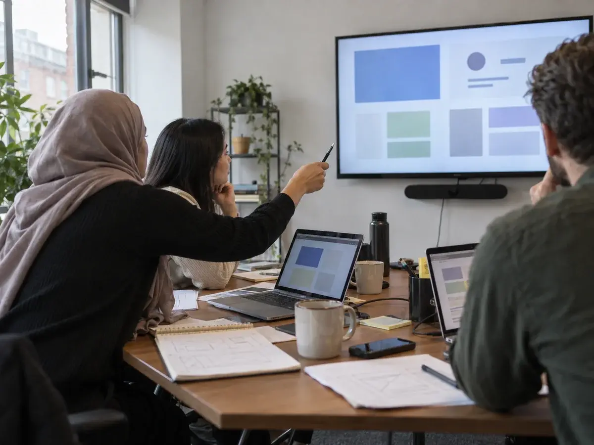 Team reviewing a website build on a large screen