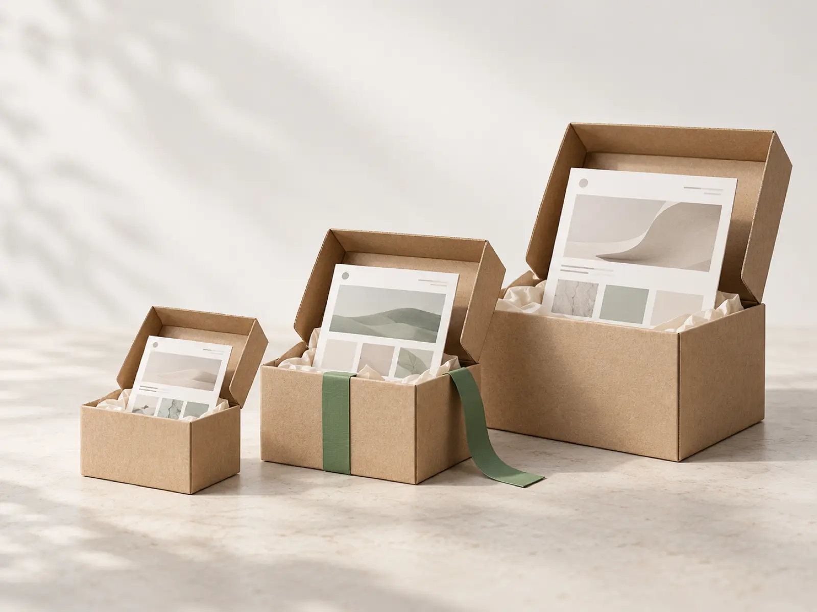 Three website design packages shown as small, medium and large boxes